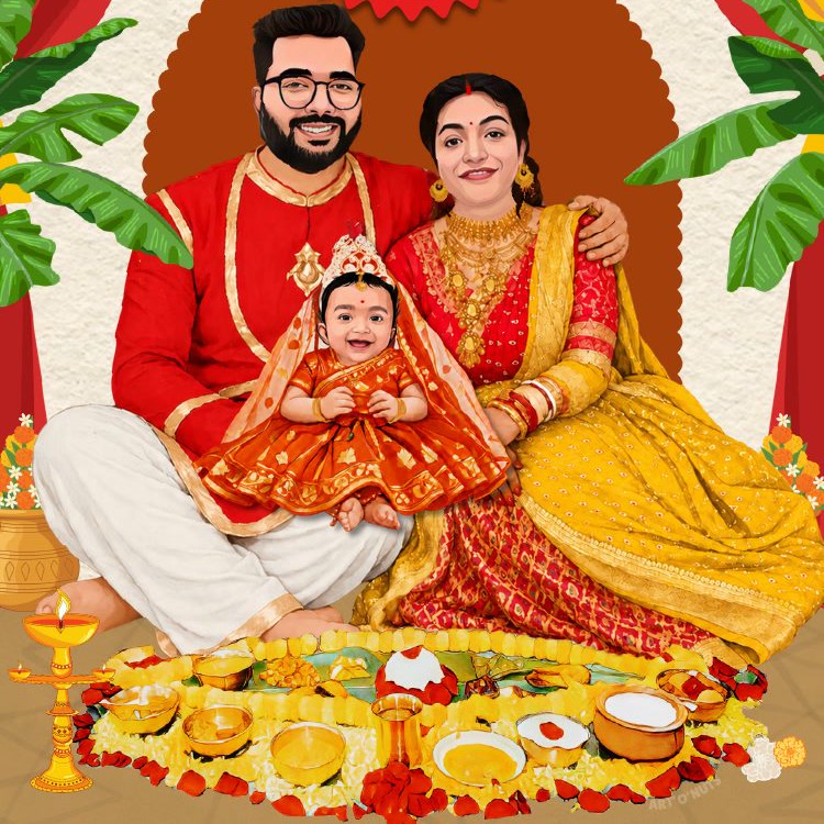 Illustration of Samriddhi with her parents at the Rice Ceremony