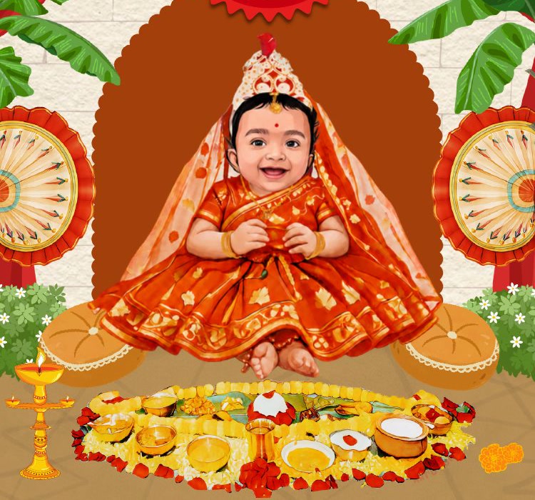 Illustration of Samriddhi dressed for her Rice Ceremony